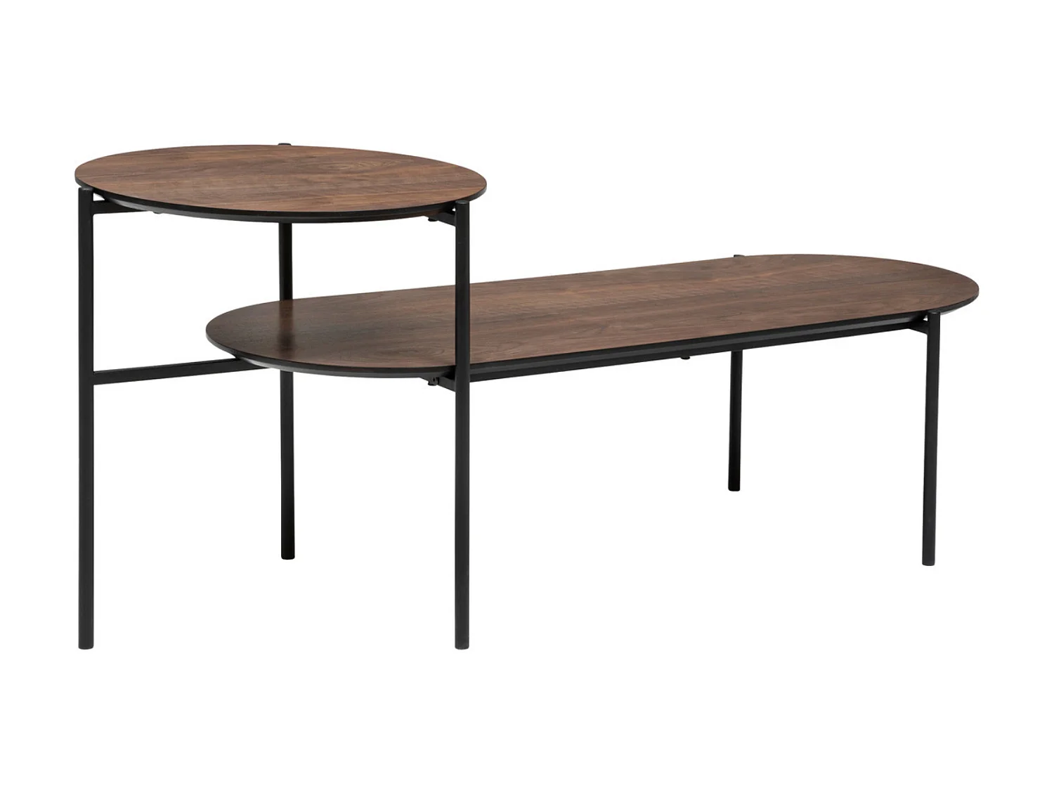 Table basse avec  2 niveaux en métal noir  et bois noyer - L. 118  x P. 43,2  x H. 48  cm