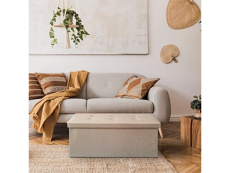 Pouf Contenedor Beige Rectangular con Tapa Reposapiés