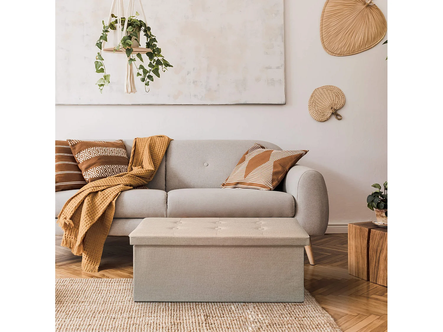 Pouf Contenedor Beige Rectangular con Tapa Reposapiés