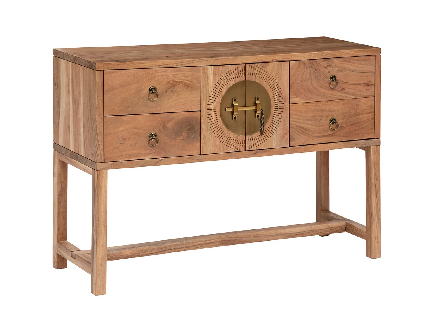 Table console en bois d'acacia coloris naturel avec 2 portes et 4 tiroirs