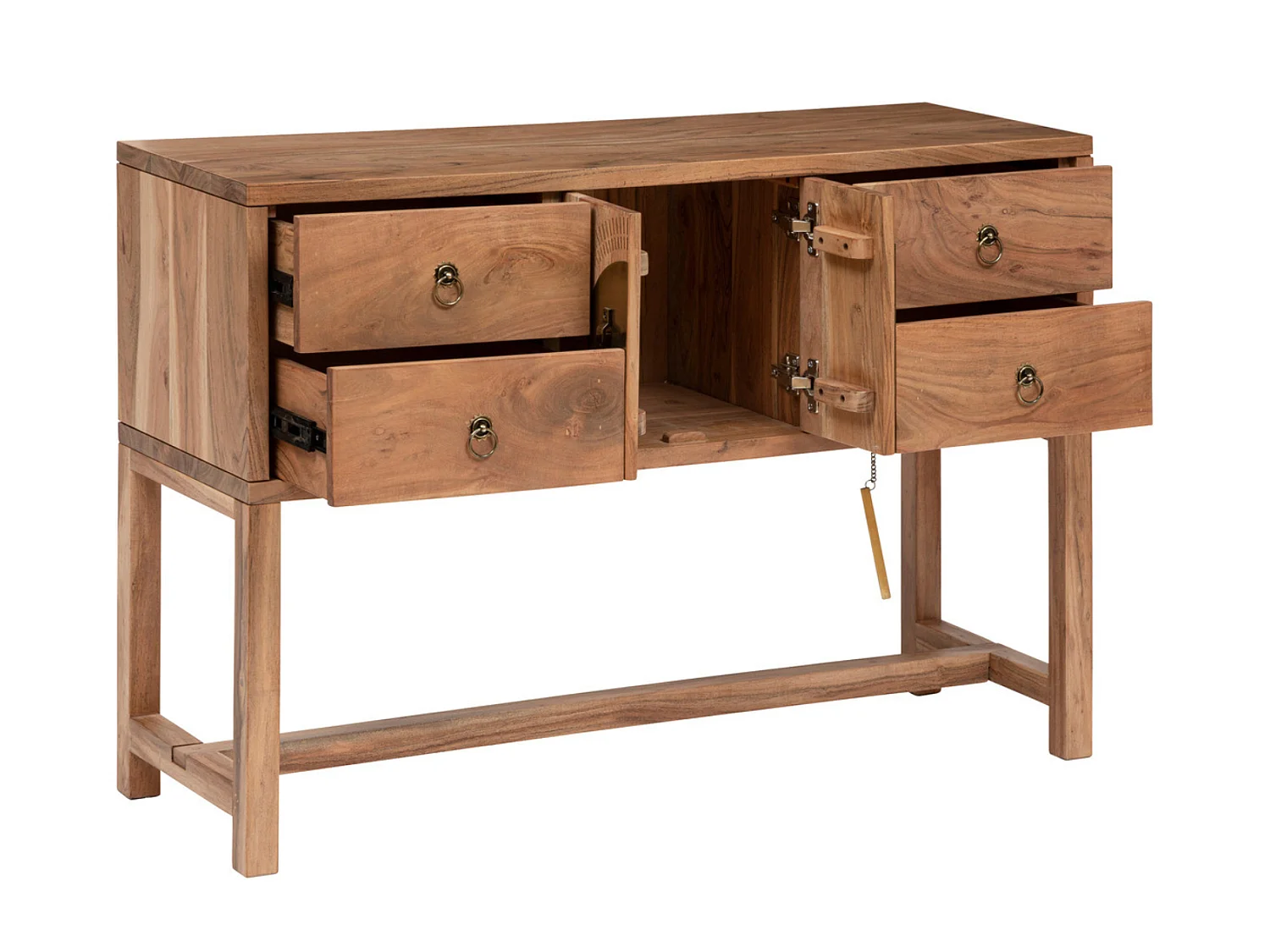 Table console en bois d'acacia coloris naturel avec 2 portes et 4 tiroirs