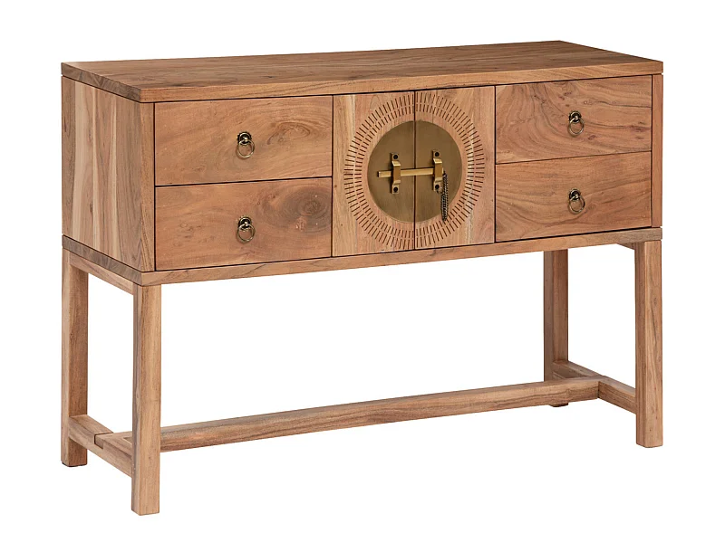 Table console en bois d'acacia coloris naturel avec 2 portes et 4 tiroirs