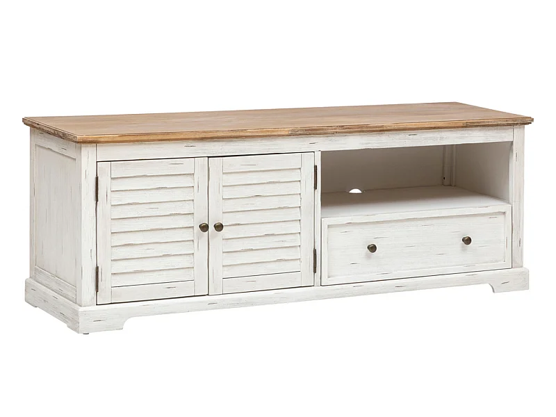 Meuble TV  en bois d'acacia et MDF coloris blanc  - L. 140  x P. 40 x H. 50 cm