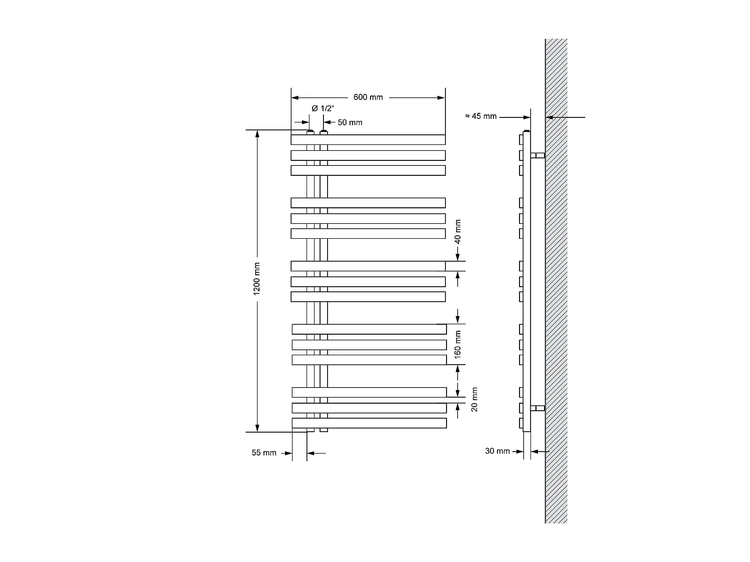 Iron EM Radiateur chromé salle de bain moderne raccord central au sol 600x1200mm