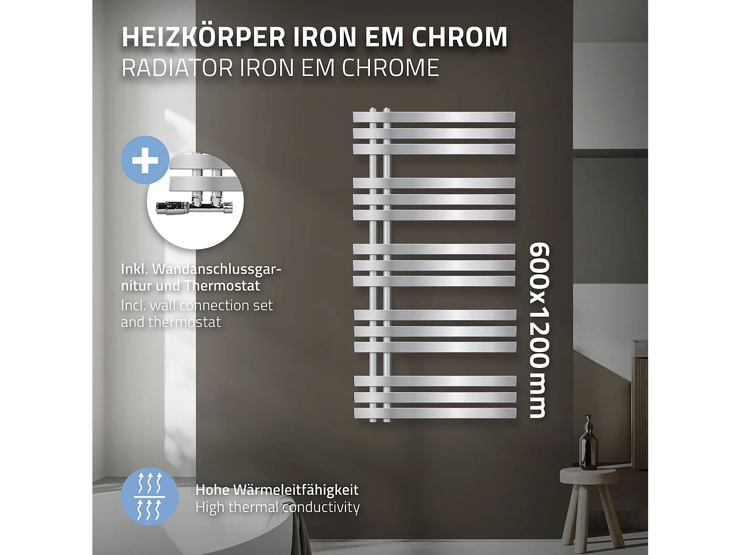 Iron EM Radiateur chromé salle de bain moderne raccord central mural 600x1200 mm