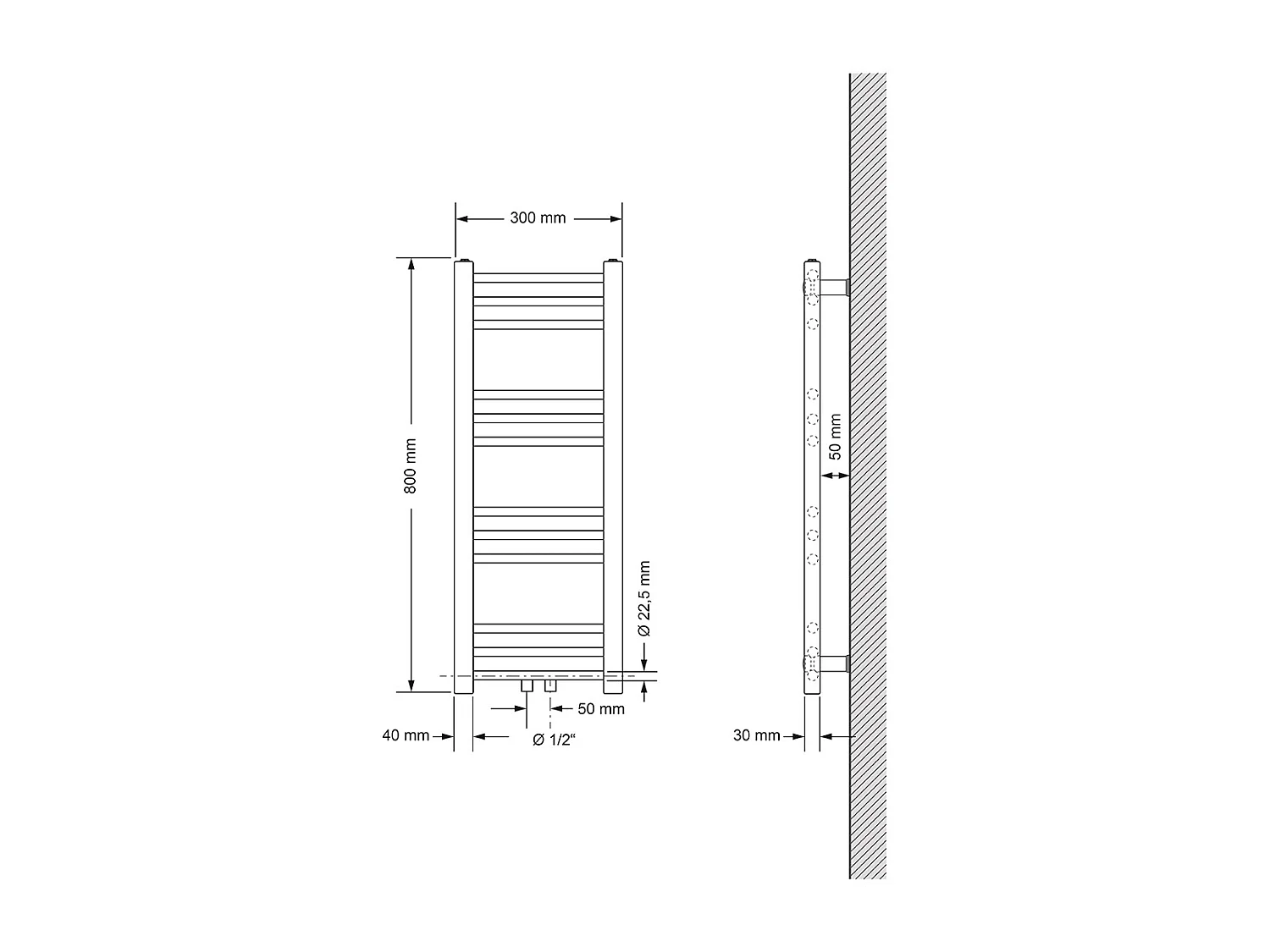 Radiateur Sahara 300 x 800 mm, Blanc avec Raccordement Central Universel, Thermostat