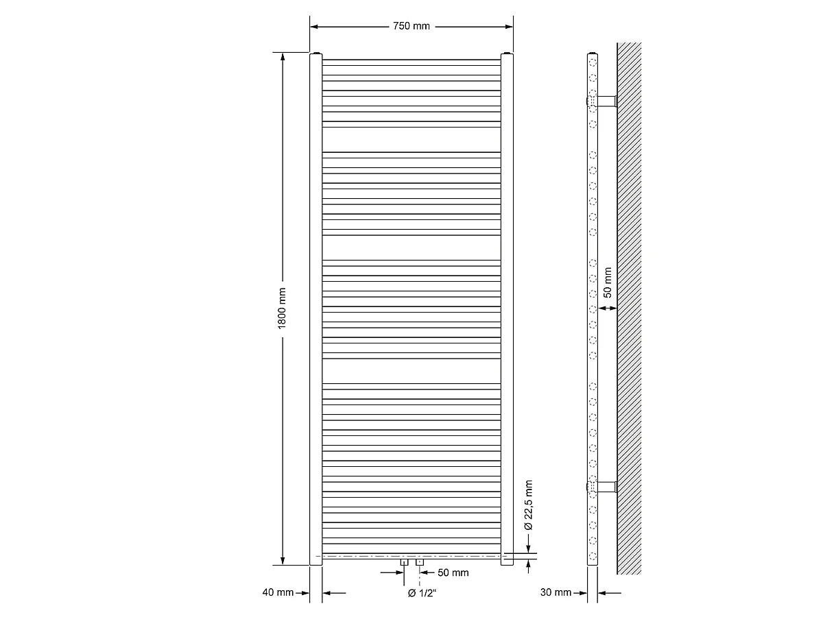 Termoarredo bagno Sahara 750 x 1800 mm antracite dritto + attacco centrale