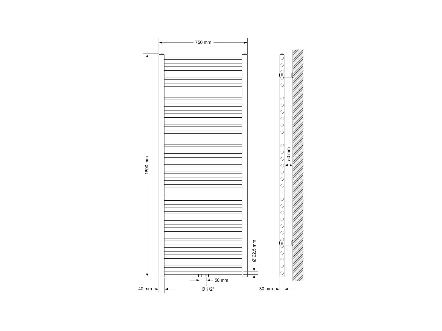 Radiateur de Salle de Bain Non Électrique, 750 x 1800 mm, Anthracite, Connexion Central