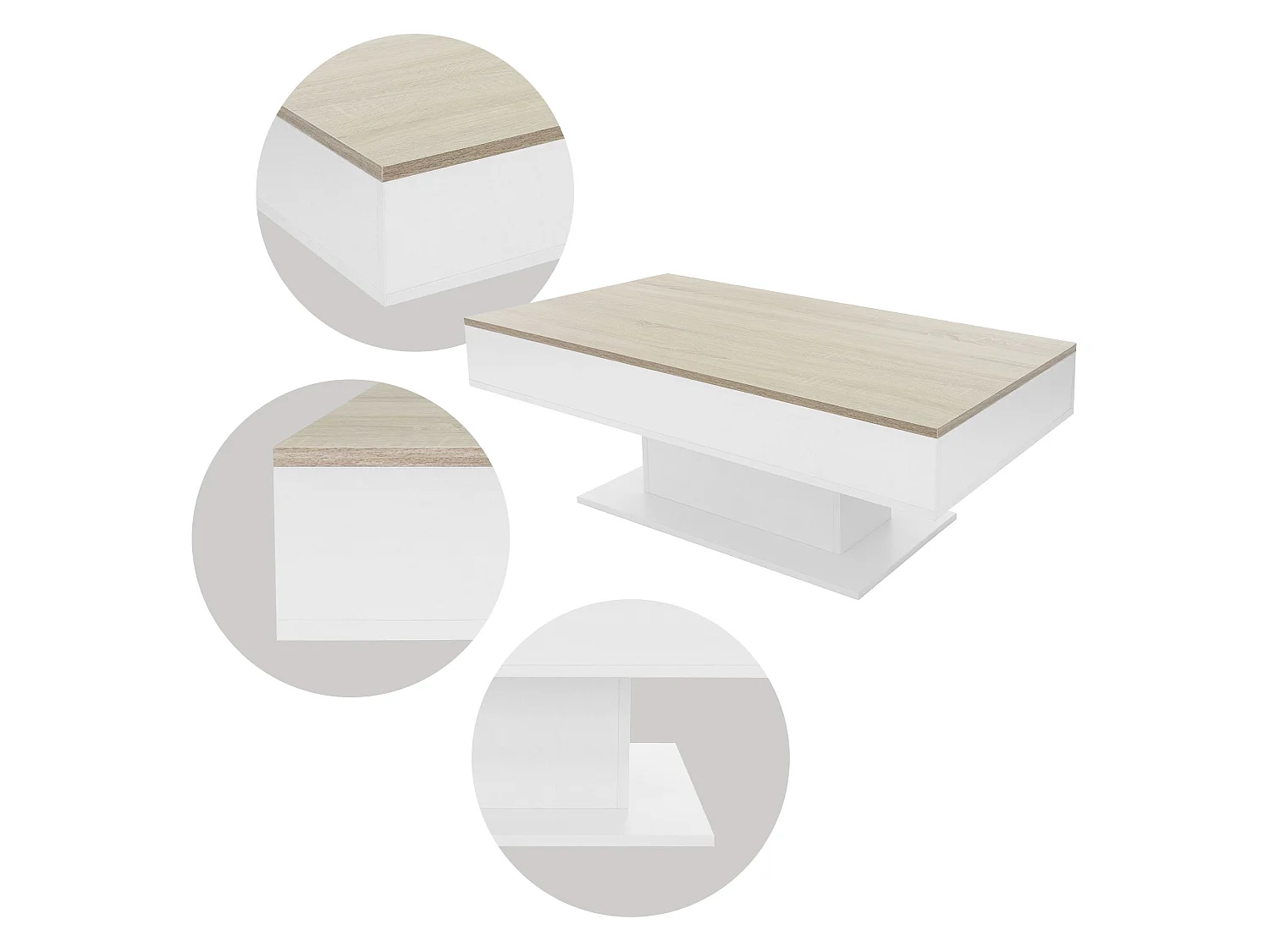 Mesa de centro 110 x 60 cm con almacenamiento blanca con aspecto de roble