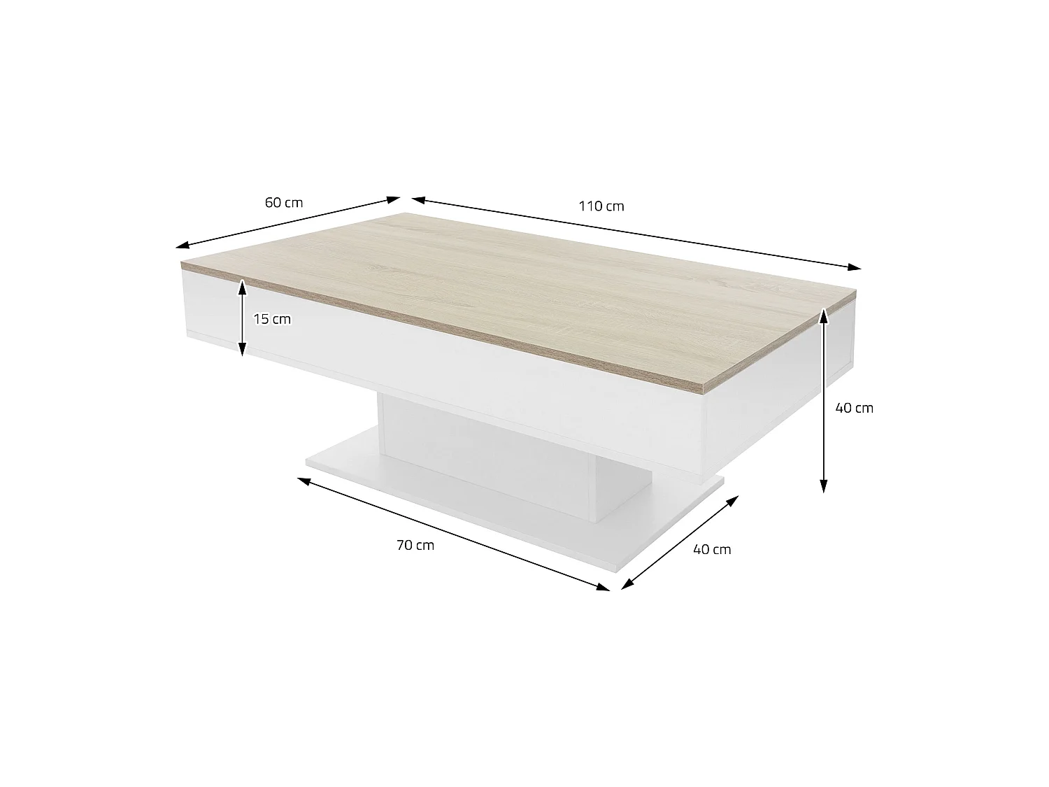 Mesa de centro 110 x 60 cm con almacenamiento blanca con aspecto de roble