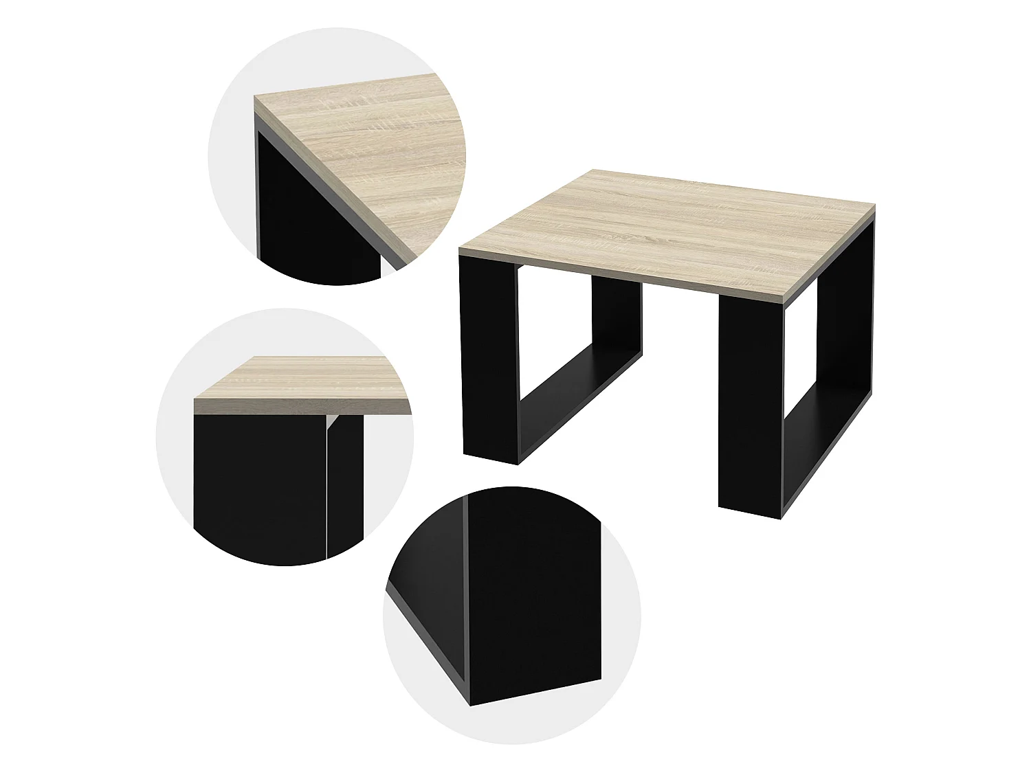 Tavolo da salotto caffè design moderno in MDF rovere e telaio nero 65x65x40 cm