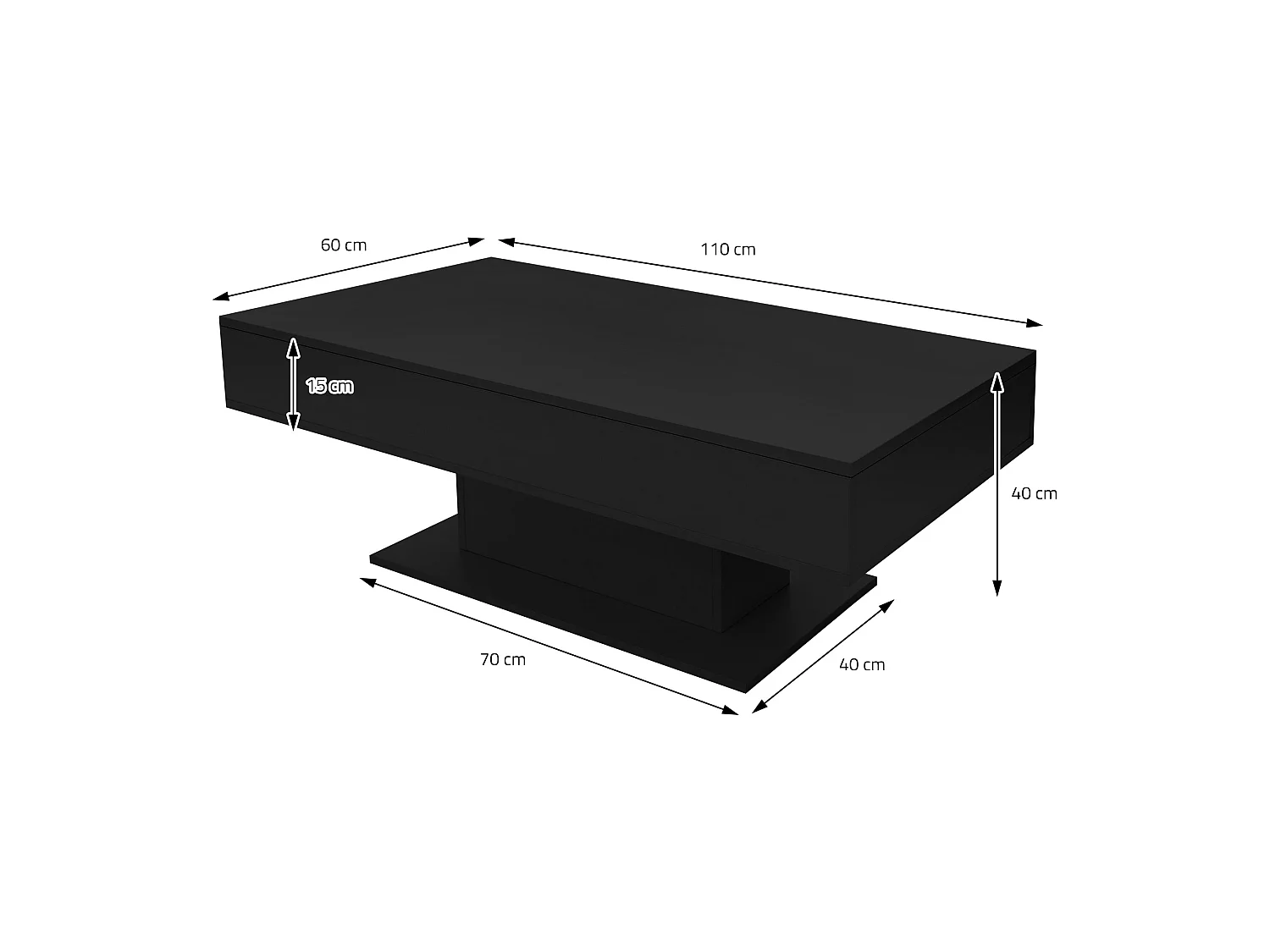 Mesa de centro 110 x 60 cm con almacenamiento negra con tablero extraíble