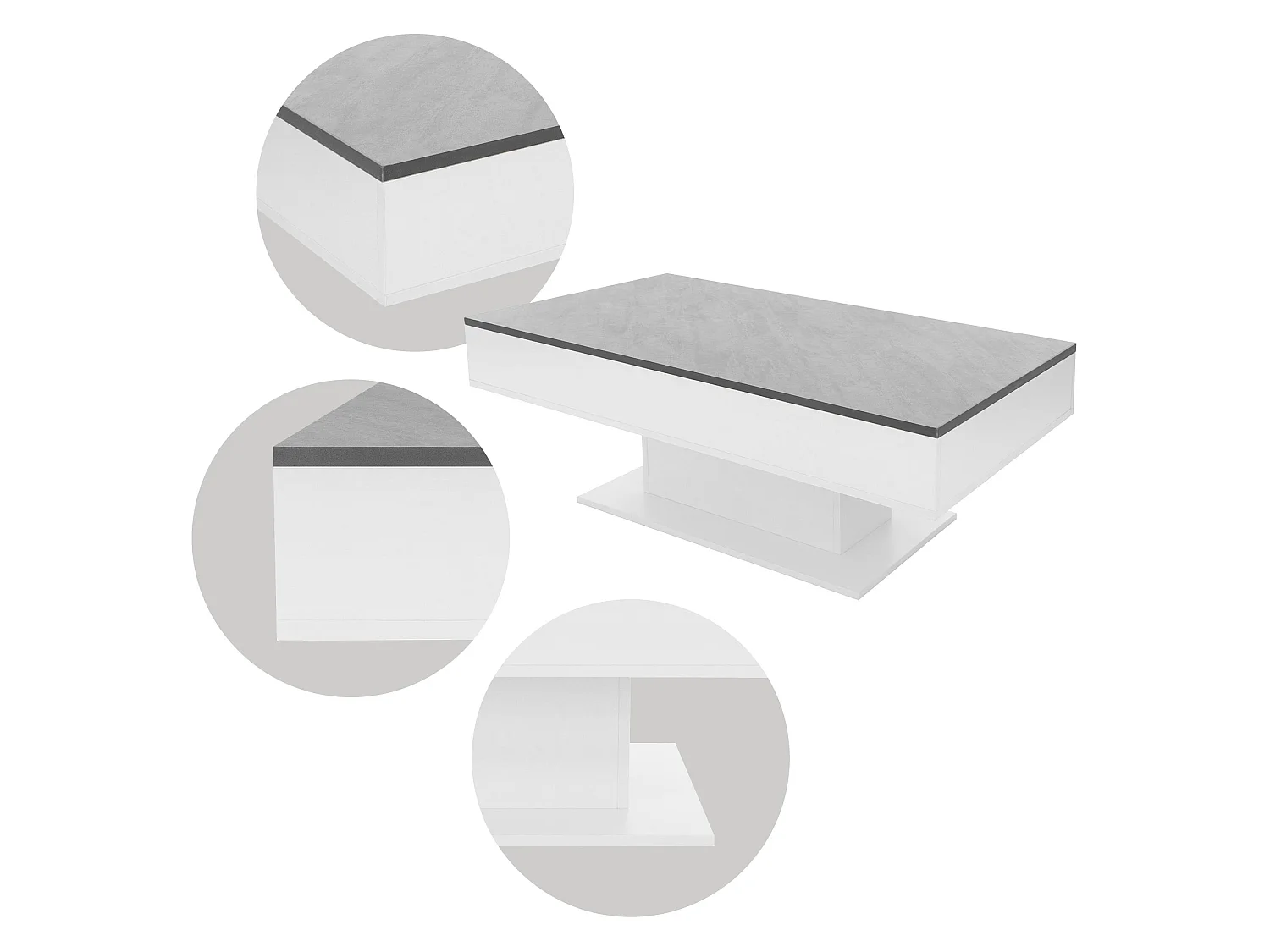 Tavolino da caffè per salotto bianco / grigio con 2 vani portaoggetti in legno