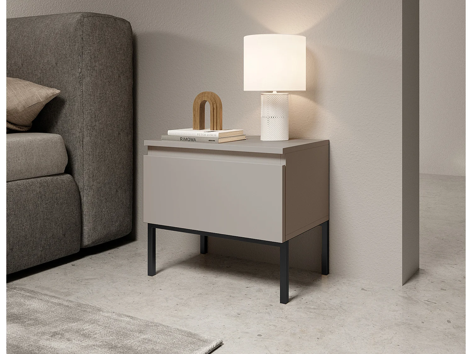 Nachttisch/Nachtschrank - Taupe (Graubeige) mit schwarzen Beinen - BEMMI