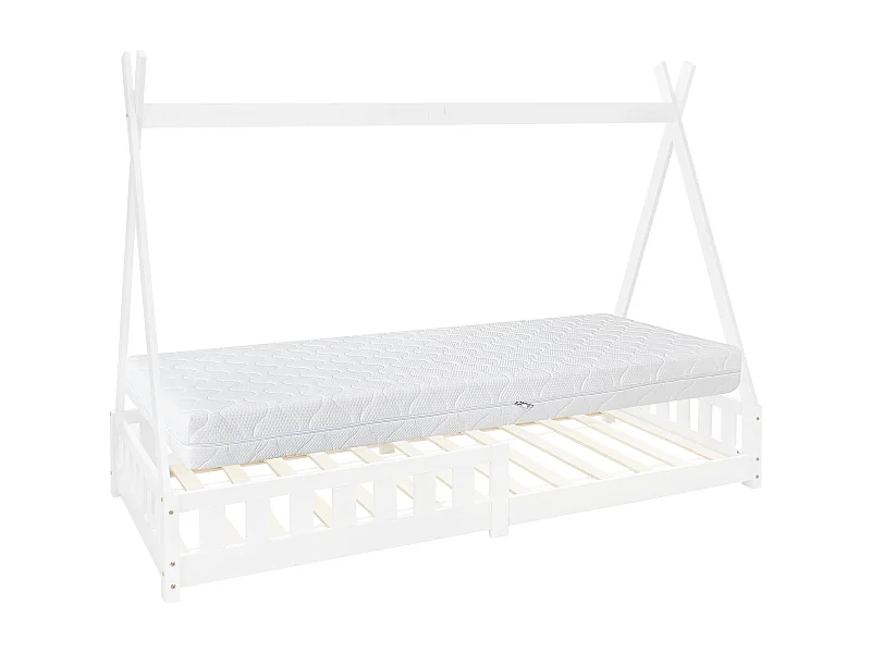 ML-Design Letto per bambini casetta tipi 90x200 cm bianco in pino con sponde anticaduta, materasso 16 cm in schiuma fredda e struttura da gioco