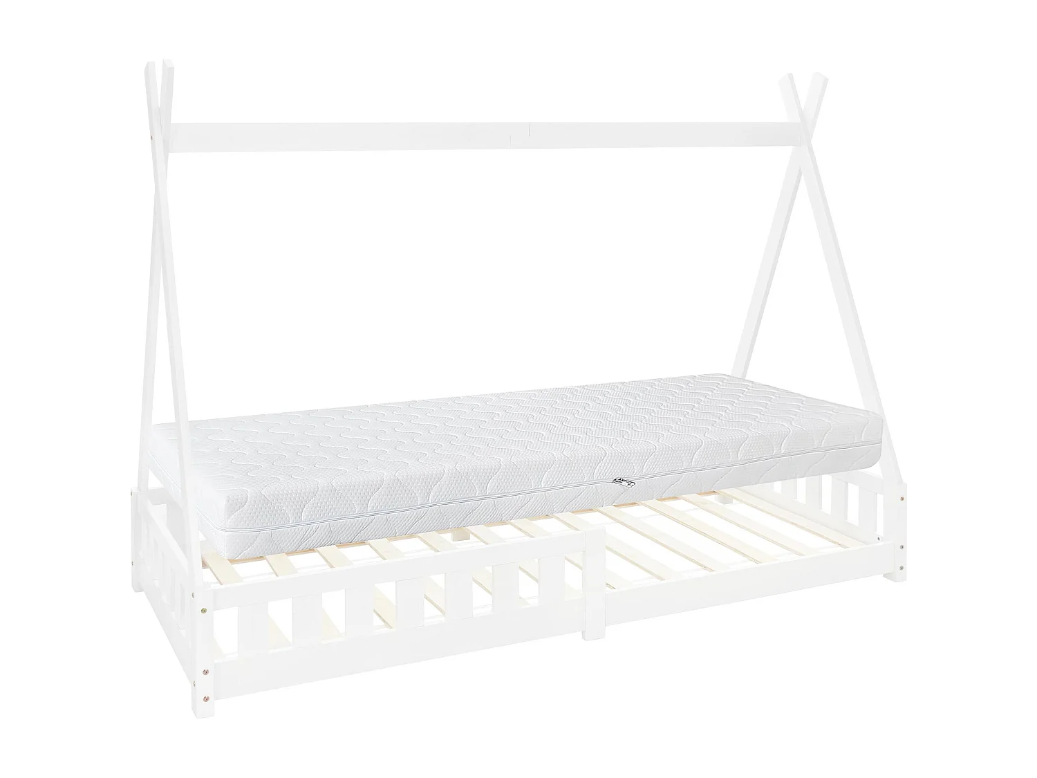 Lit d'enfants Tipi 90x200 cm blanc style indien en bois de pin massif avec matelas H:16 cm housse amovible sommier à lattes protection anti-chute