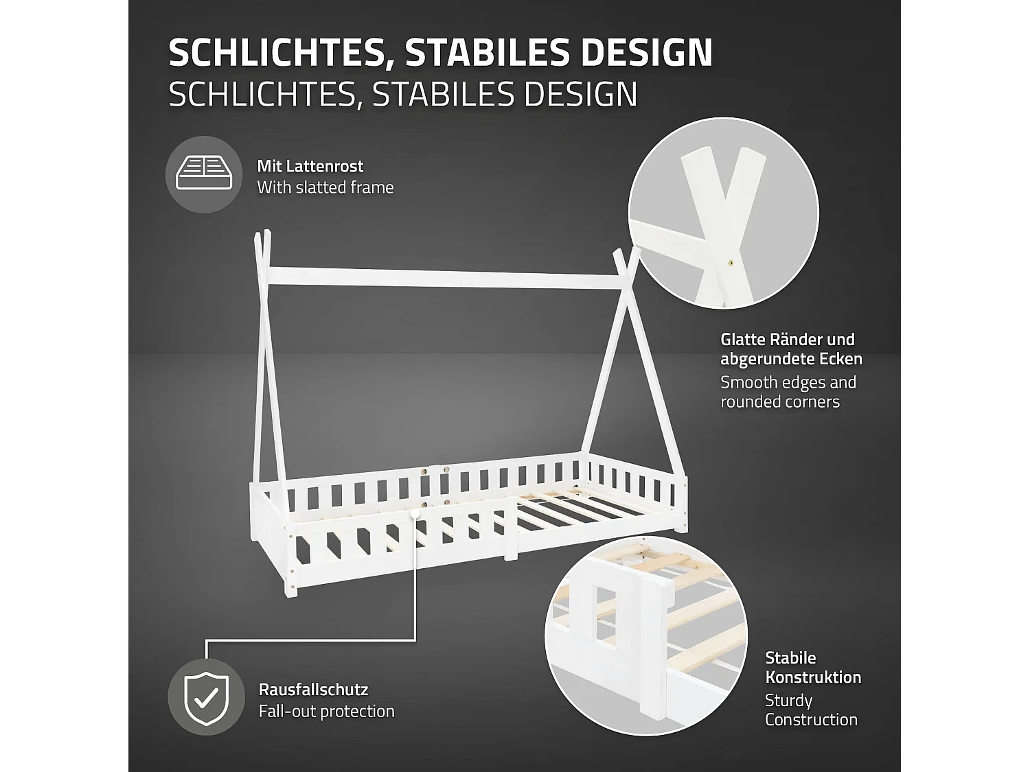 Lit d'enfants Tipi 90x200 cm blanc style indien en bois de pin massif avec matelas H:16 cm housse amovible sommier à lattes protection anti-chute