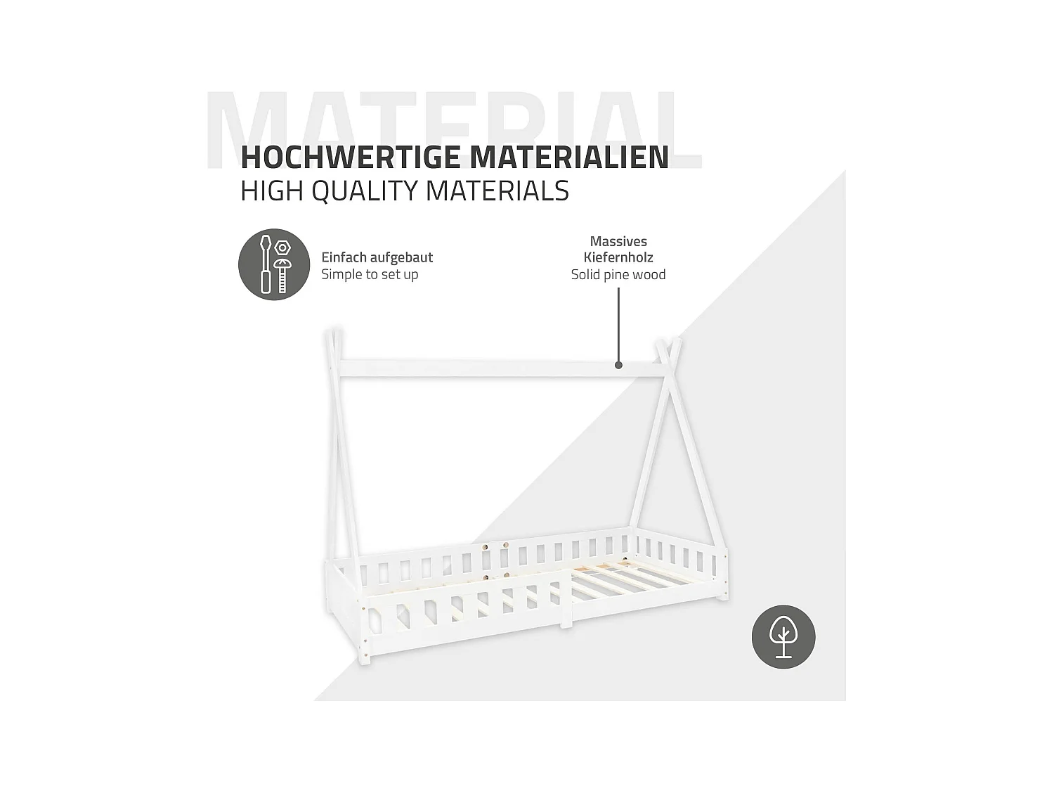 Lit d'enfants Tipi 90x200 cm blanc style indien en bois de pin massif avec matelas H:16 cm housse amovible sommier à lattes protection anti-chute