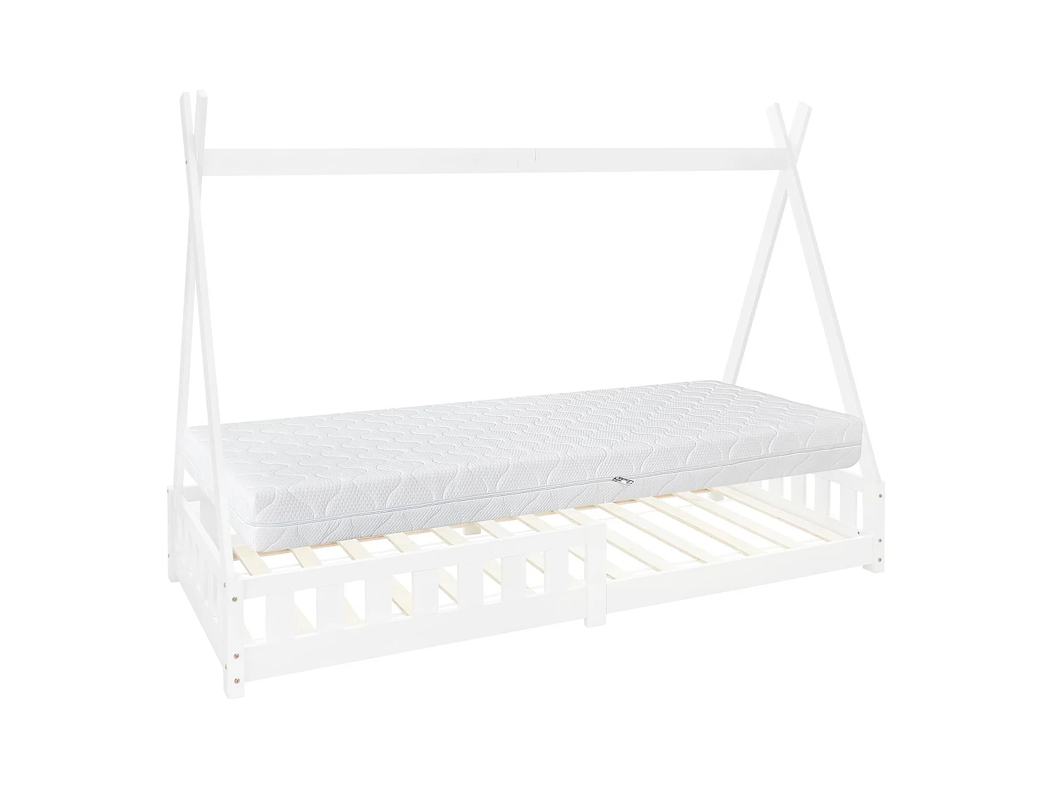 Lit d'enfants Tipi 90x200 cm blanc style indien en bois de pin massif avec matelas H:16 cm housse amovible sommier à lattes protection anti-chute