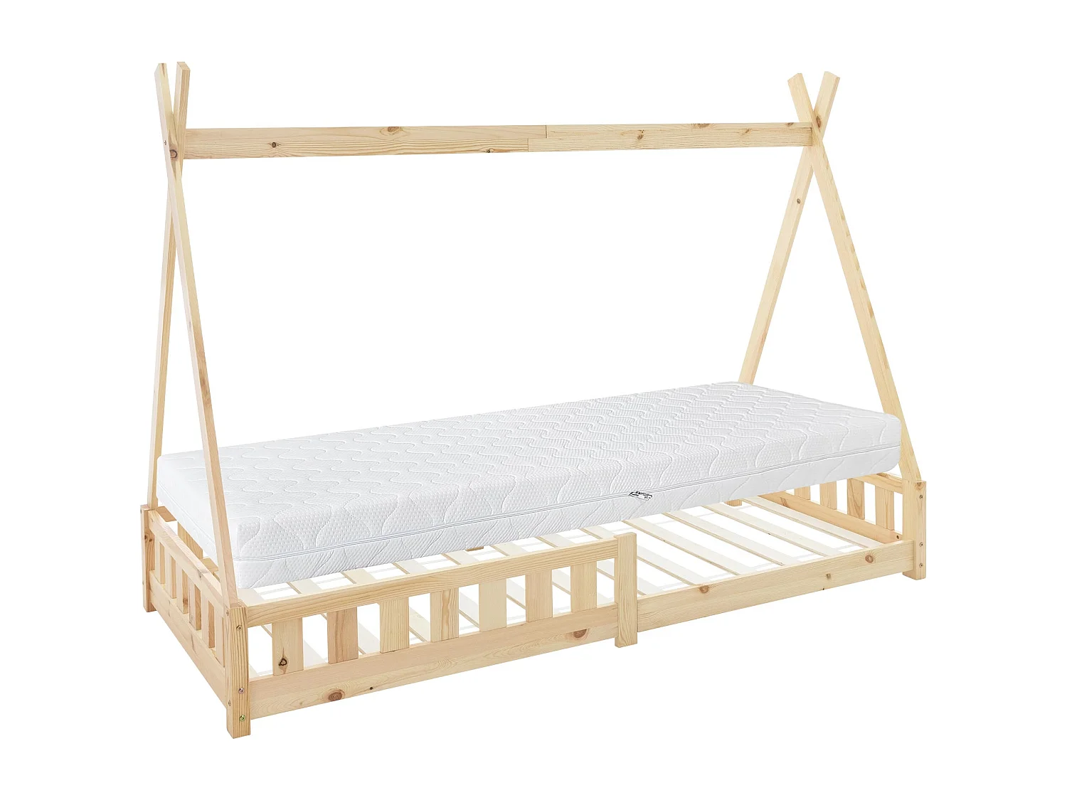 Lit d'enfants Tipi 90x200 cm naturel style indien en bois de pin massif avec matelas H:16 cm housse amovible sommier à lattes protection anti-chute