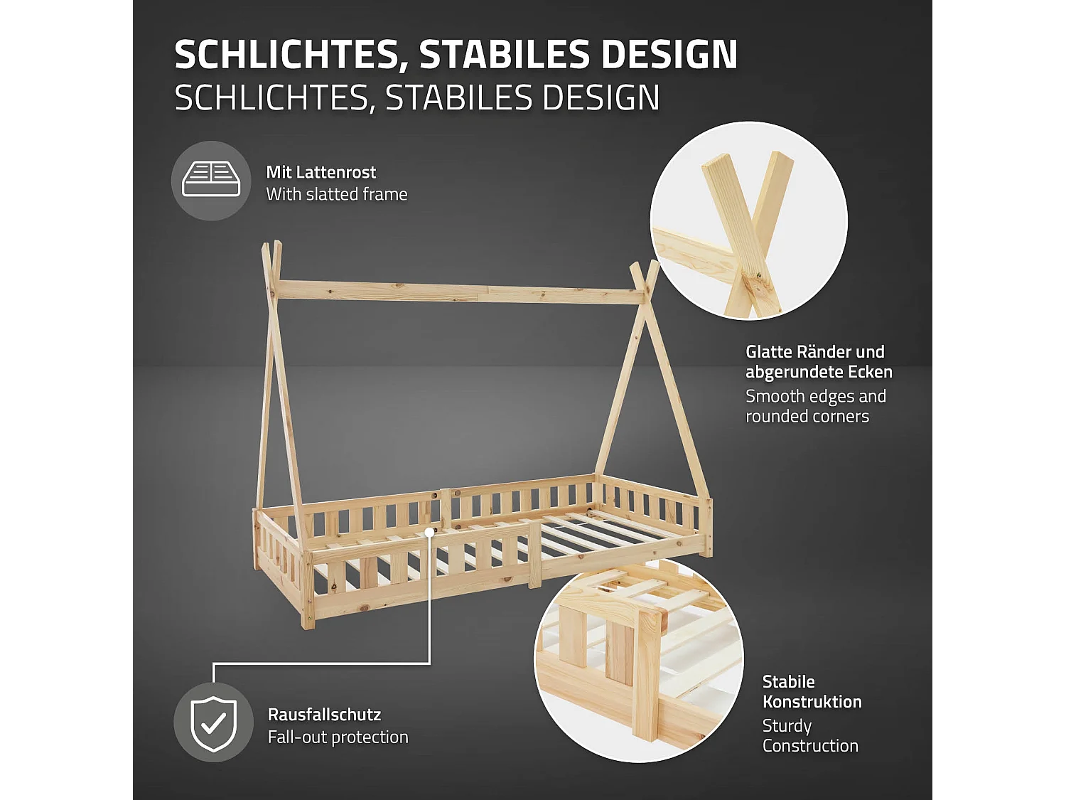 Lit d'enfants Tipi 90x200 cm naturel style indien en bois de pin massif avec matelas H:16 cm housse amovible sommier à lattes protection anti-chute