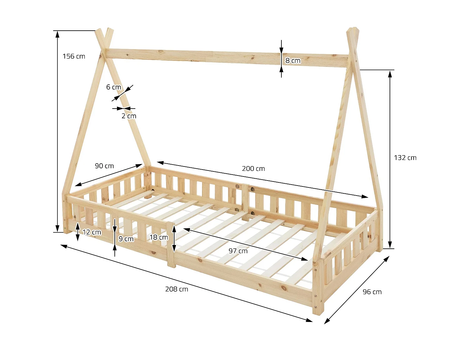 Lit d'enfants Tipi 90x200 cm naturel style indien en bois de pin massif avec matelas H:16 cm housse amovible sommier à lattes protection anti-chute
