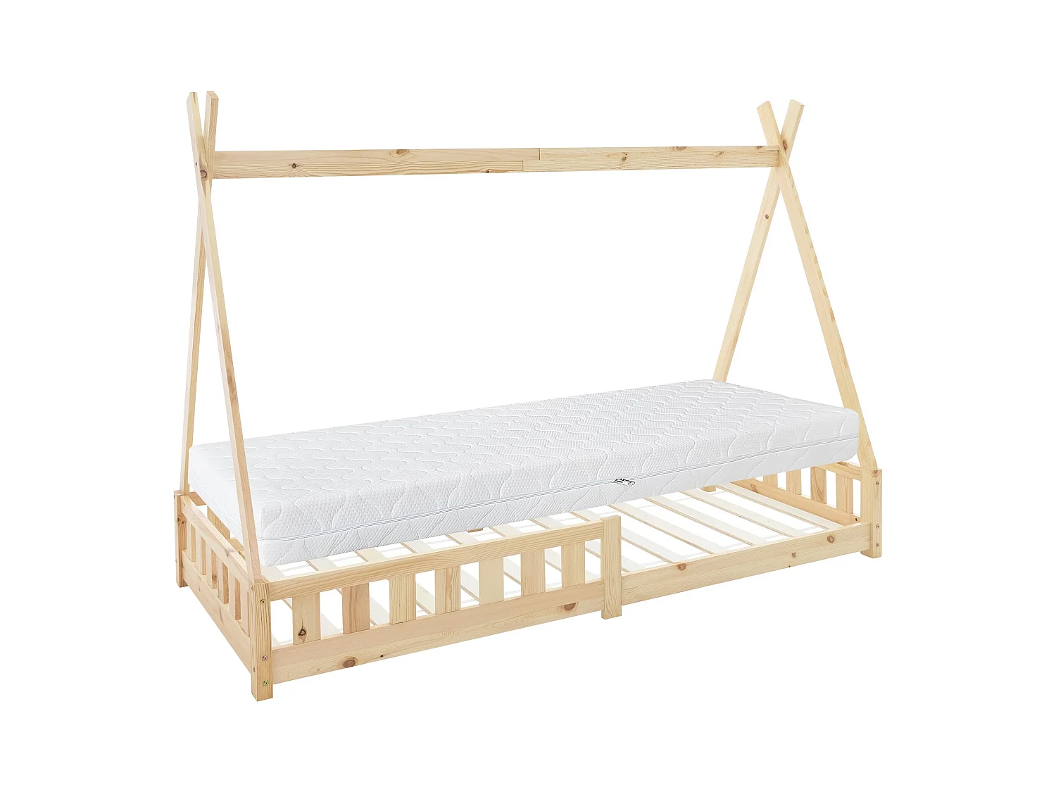 Lit d'enfants Tipi 90x200 cm naturel style indien en bois de pin massif avec matelas H:16 cm housse amovible sommier à lattes protection anti-chute