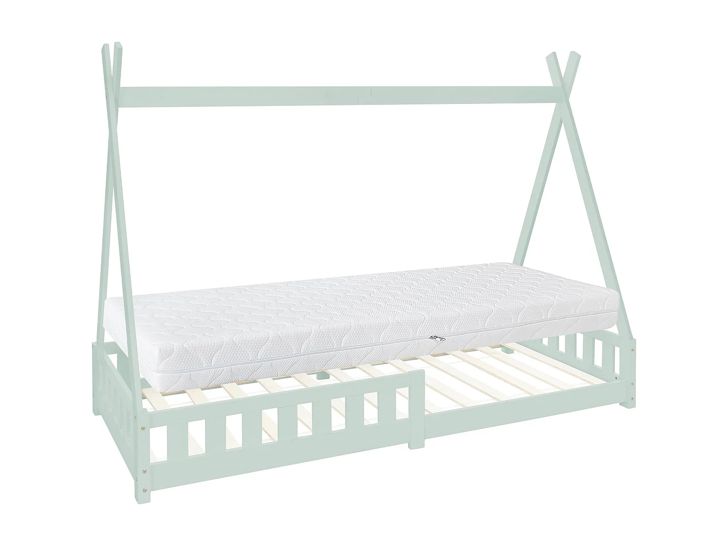 Lit d'enfants Tipi 90x200 cm menthe style indien en bois de pin massif avec matelas H:16 cm housse amovible sommier à lattes protection anti-chute
