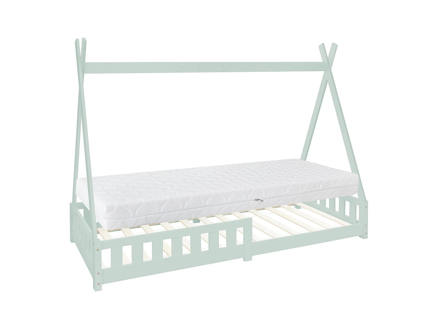 Lit d'enfants Tipi 90x200 cm menthe style indien en bois de pin massif avec matelas H:16 cm housse amovible sommier à lattes protection anti-chute