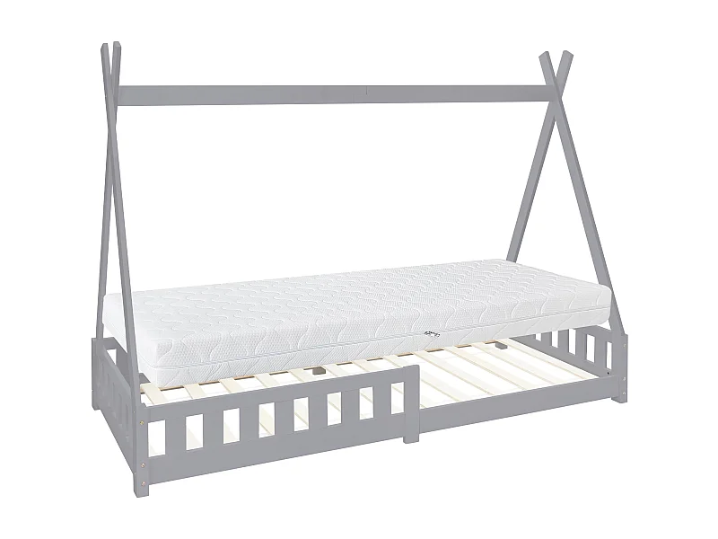 ML-Design Letto per bambini tenda tipi 90x200 cm grigio in pino con materasso 16cm in schiuma fredda, protezione anticaduta, forma di casetta da gioco