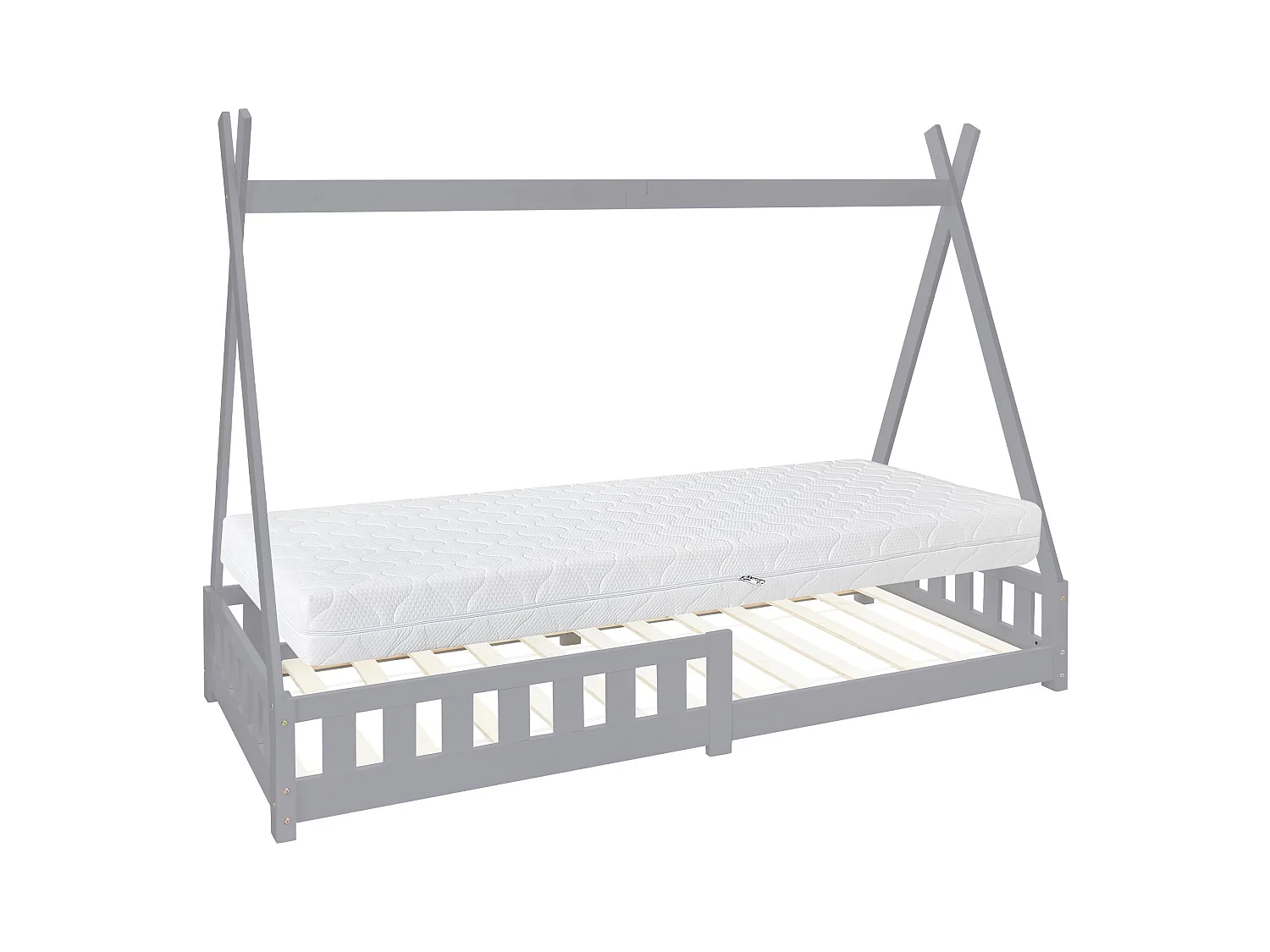 Lit d'enfants Tipi 90x200 cm gris style indien en bois de pin massif avec matelas H:16 cm housse amovible sommier à lattes protection anti-chute