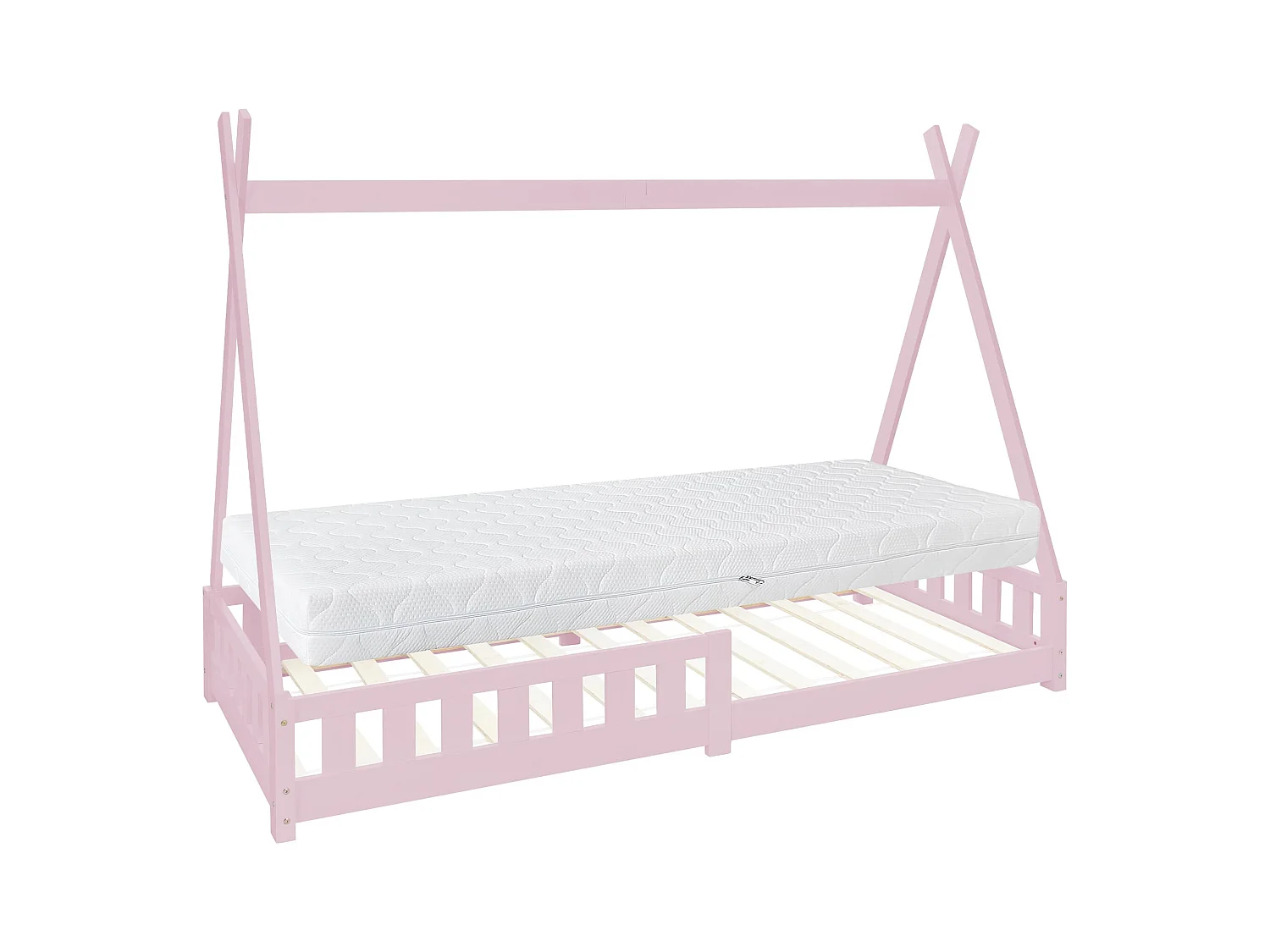 Lit d'enfants 90x200 cm rose style maison en bois de pin massif avec matelas H:16 cm housse amovible sommier protection anti-chute pour filles garçons