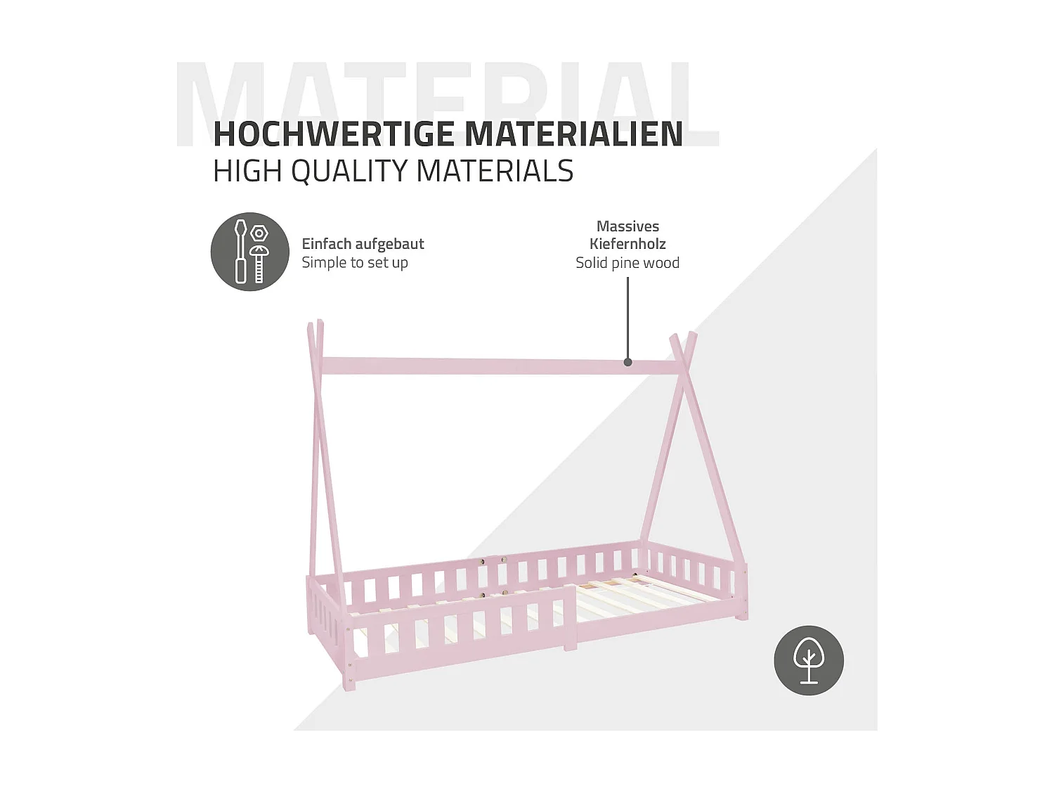 Lit d'enfants 90x200 cm rose style maison en bois de pin massif avec matelas H:16 cm housse amovible sommier protection anti-chute pour filles garçons