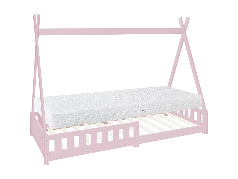 Lit d'enfants 90x200 cm rose style maison en bois de pin massif avec matelas H:16 cm housse amovible sommier protection anti-chute pour filles garçons