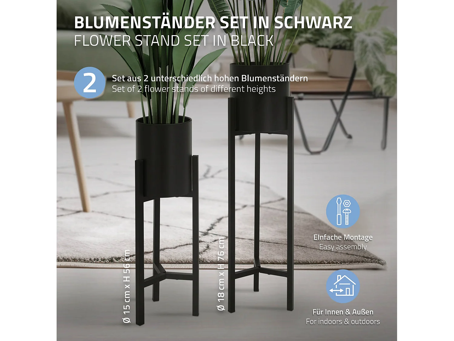 Set 2x Supporti per piante fiori in metallo nero altezze 56/76cm interno/esterno