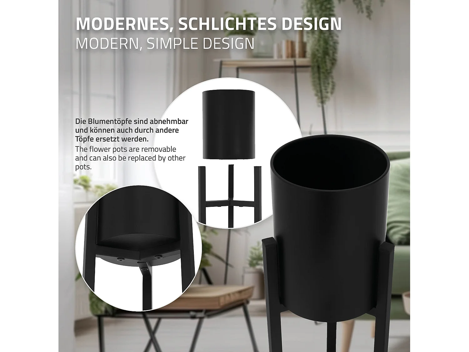 Set 2x Supporti per piante fiori in metallo nero altezze 56/76cm interno/esterno