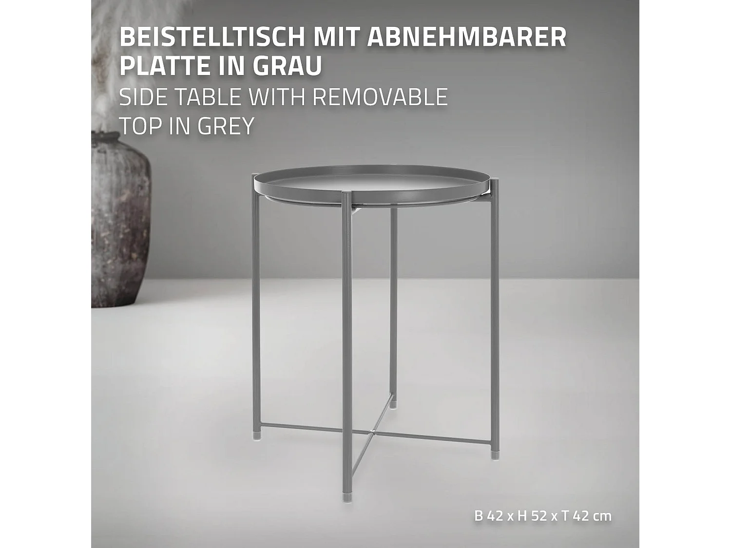 Table d'appoint ronde gris clair plateau amovible bout de canapé table basse