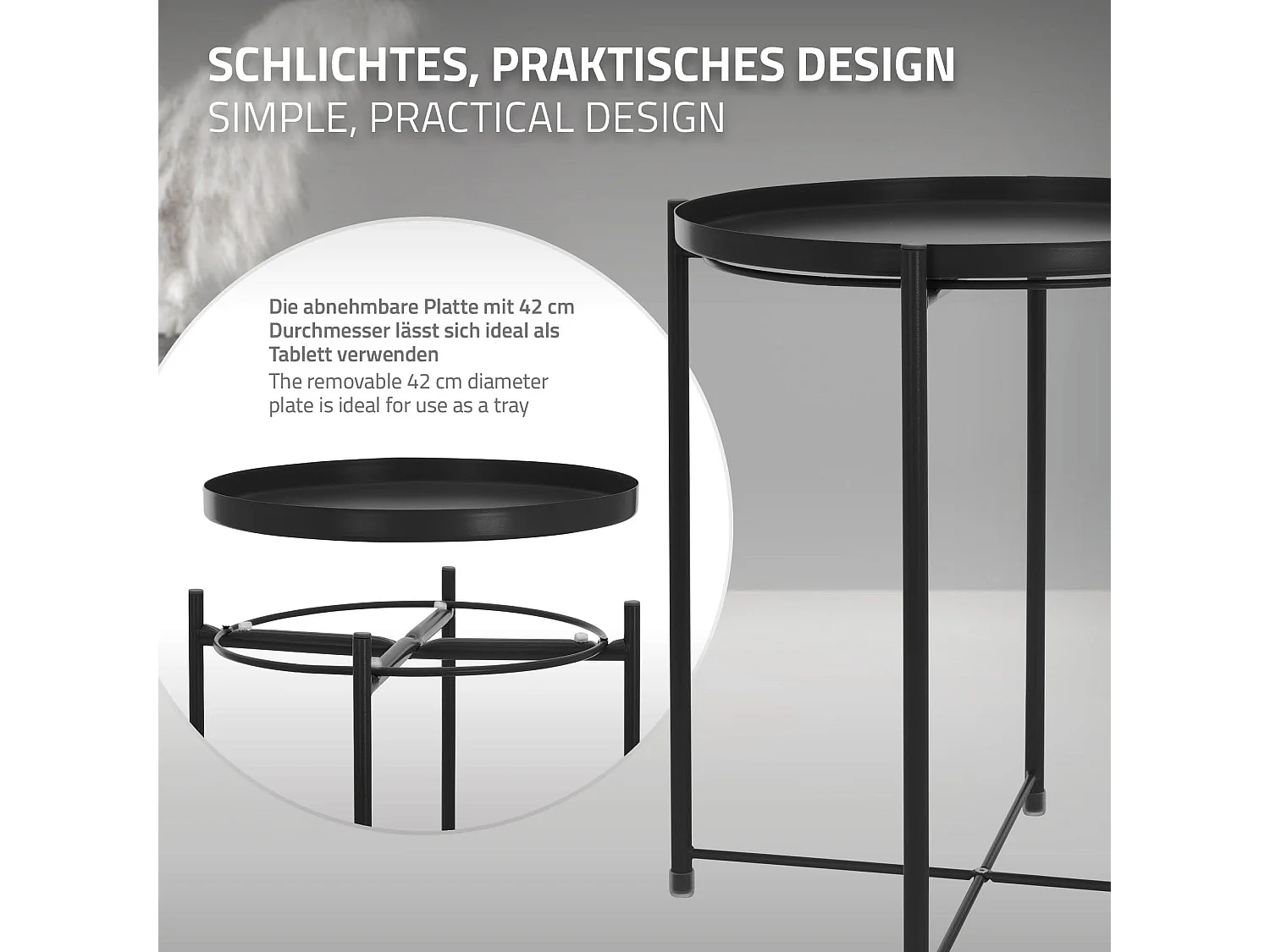 Mesa redonda bandeja extraible mesita negra de sofá auxiliar plegable Ø45xAL52cm