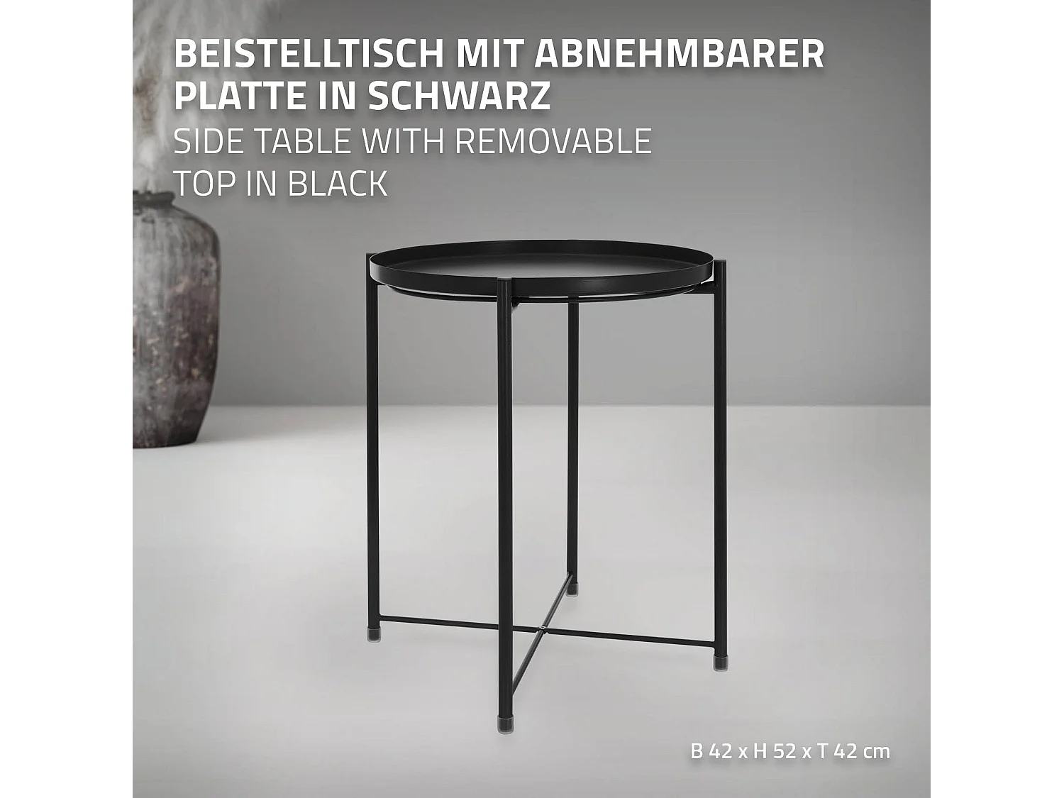 Mesa redonda bandeja extraible mesita negra de sofá auxiliar plegable Ø45xAL52cm