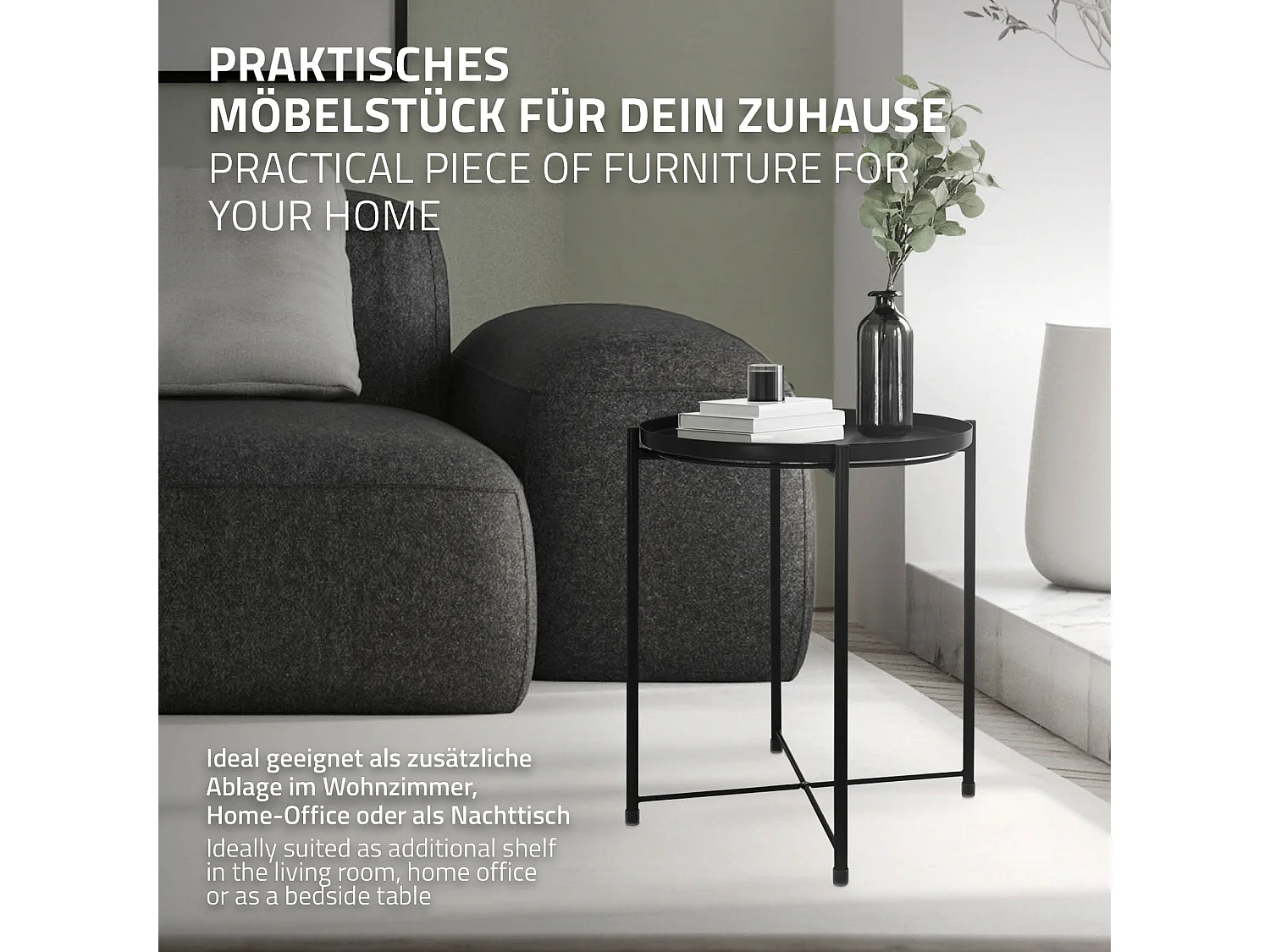 Mesa redonda bandeja extraible mesita negra de sofá auxiliar plegable Ø45xAL52cm