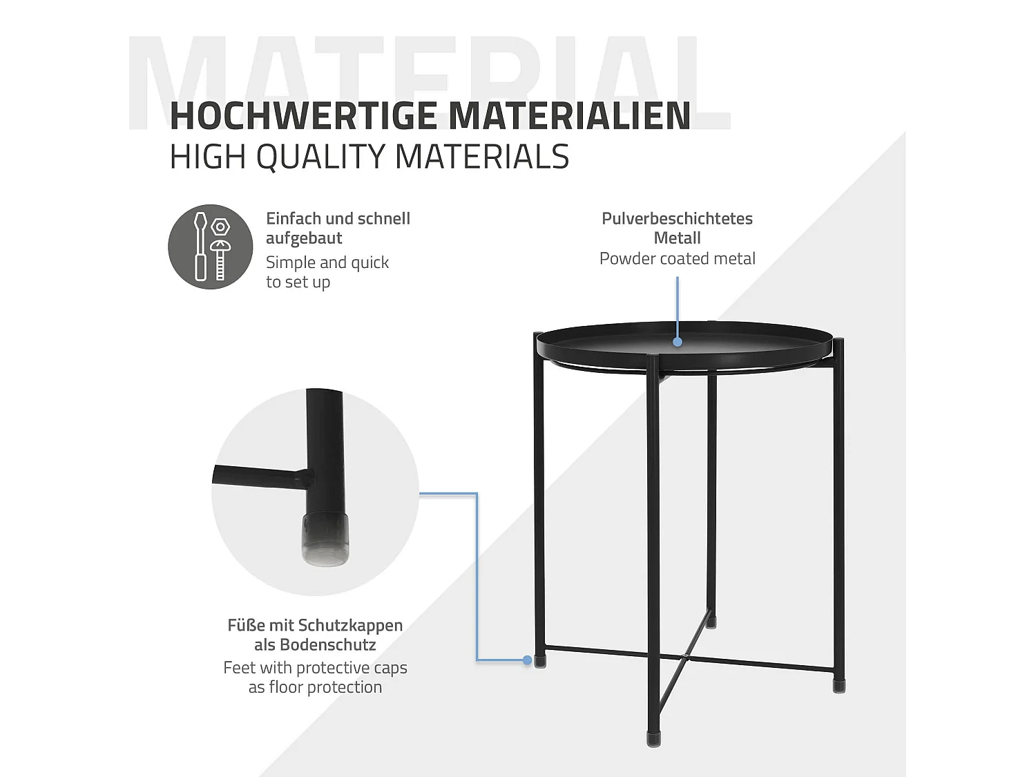 Mesa redonda bandeja extraible mesita negra de sofá auxiliar plegable Ø45xAL52cm