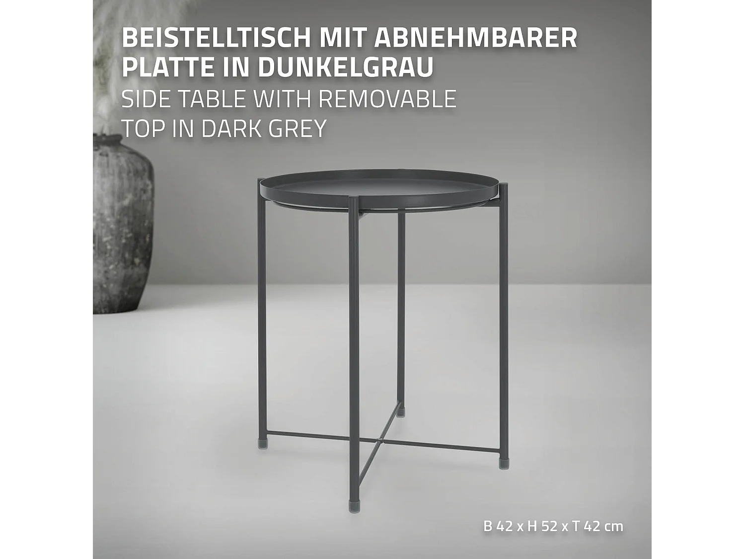 Table d'appoint rond en gris foncé plateau amovible bout de canapé table basse