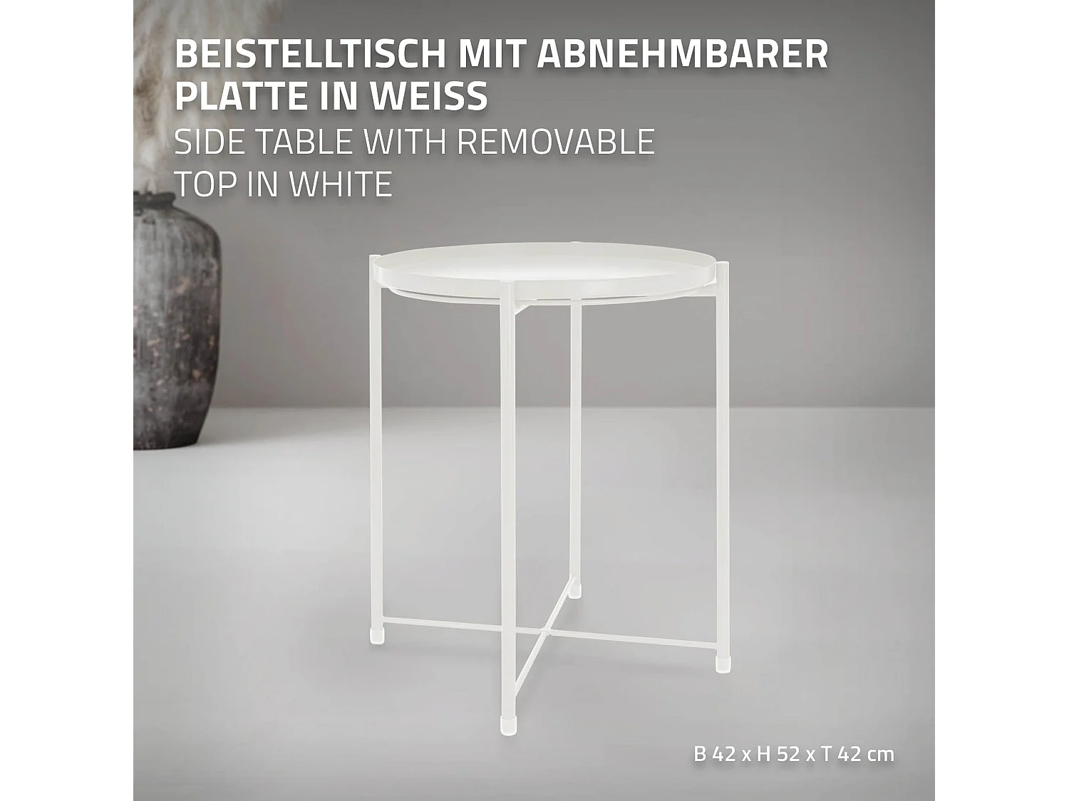 Mesa redonda de metal auxiliar con bandeja extraíble plegable blanca Ø45xAL52 cm