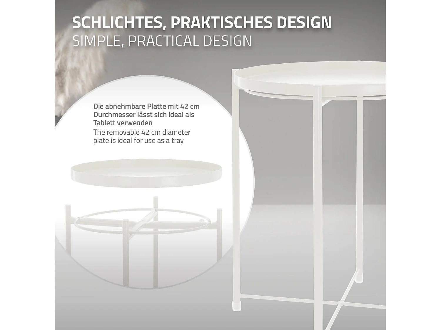 Mesa redonda de metal auxiliar con bandeja extraíble plegable blanca Ø45xAL52 cm