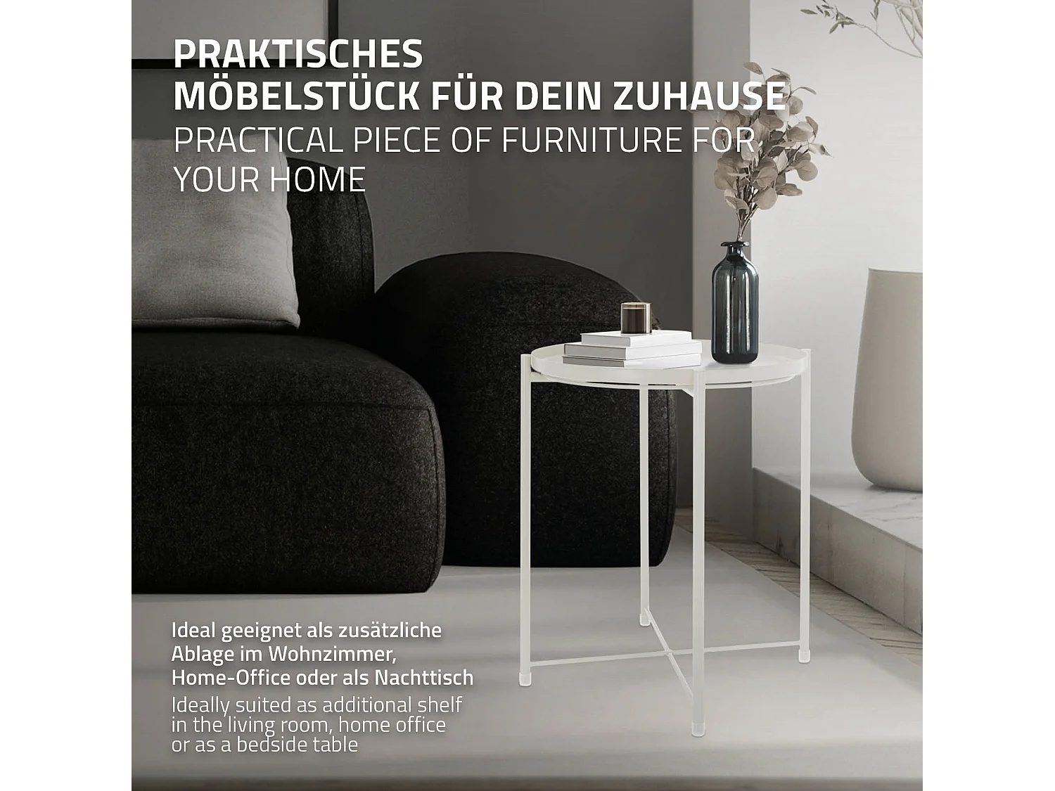 Mesa redonda de metal auxiliar con bandeja extraíble plegable blanca Ø45xAL52 cm