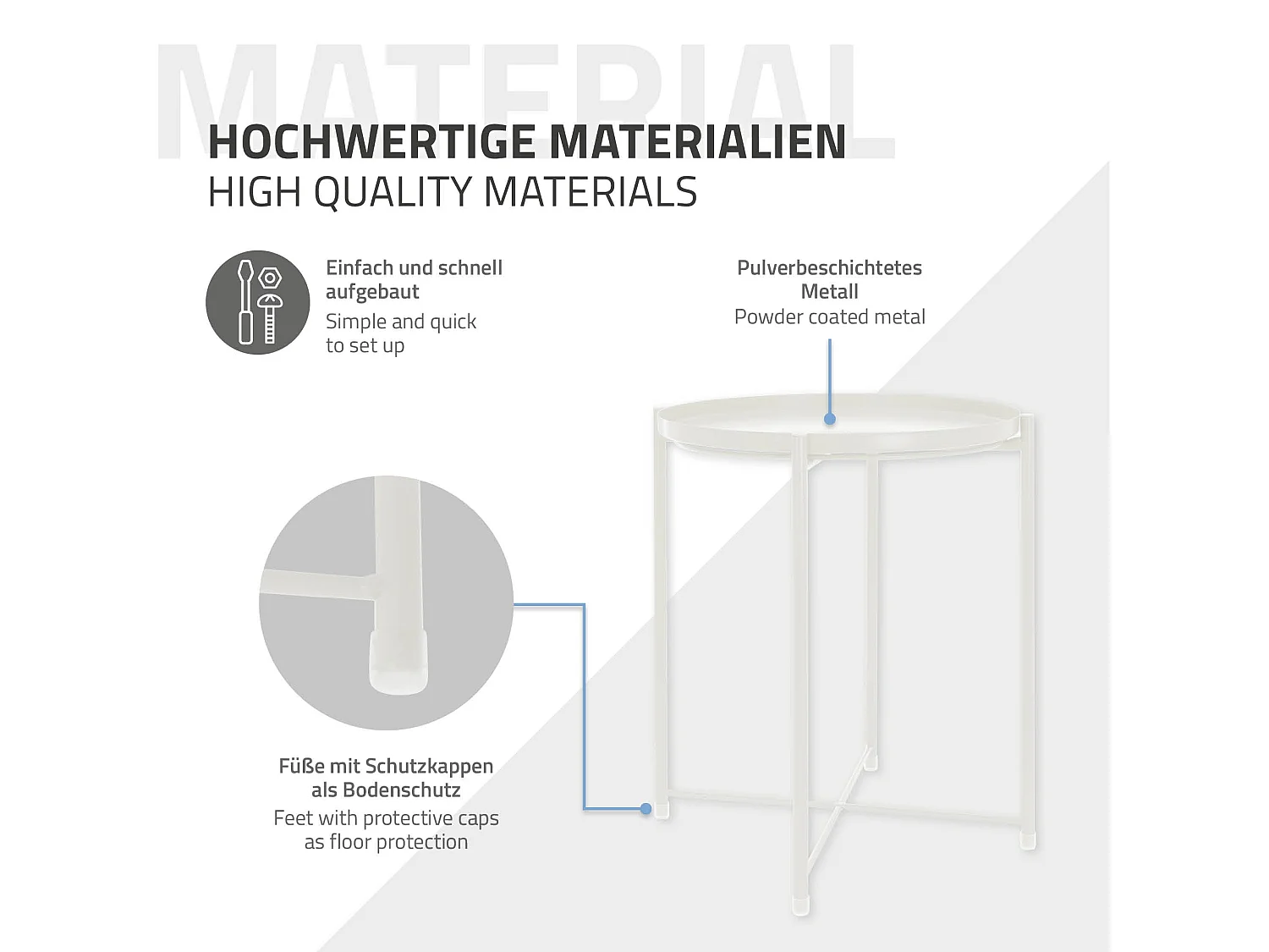 Mesa redonda de metal auxiliar con bandeja extraíble plegable blanca Ø45xAL52 cm