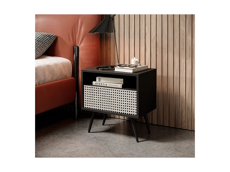 Nachttisch mit Schublade, Schwarz mit Wiener Geflecht Optik - Bello