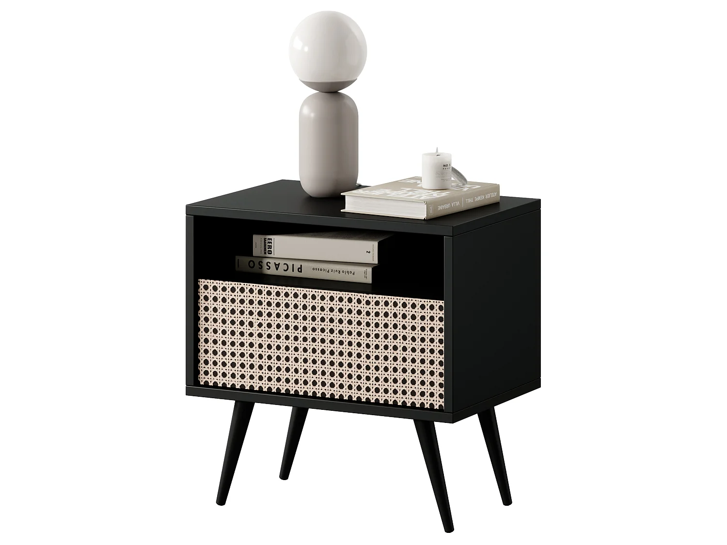 Nachttisch mit Schublade, Schwarz mit Wiener Geflecht Optik - Bello