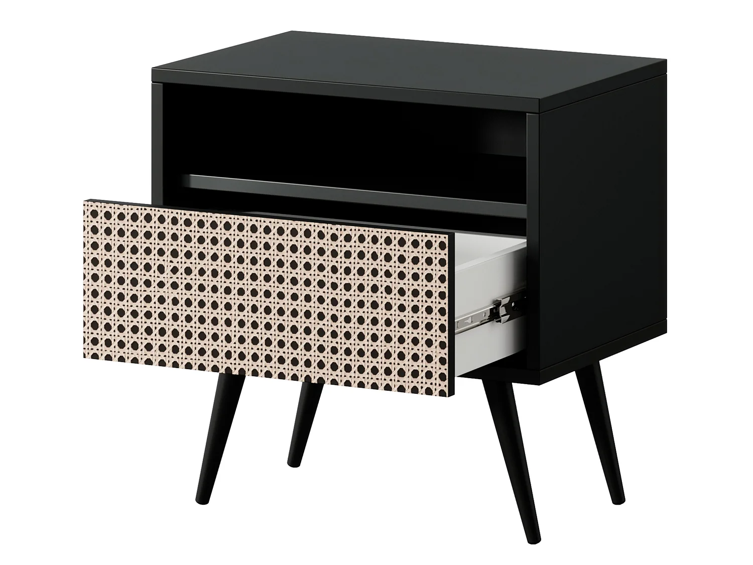 Nachttisch mit Schublade, Schwarz mit Wiener Geflecht Optik - Bello