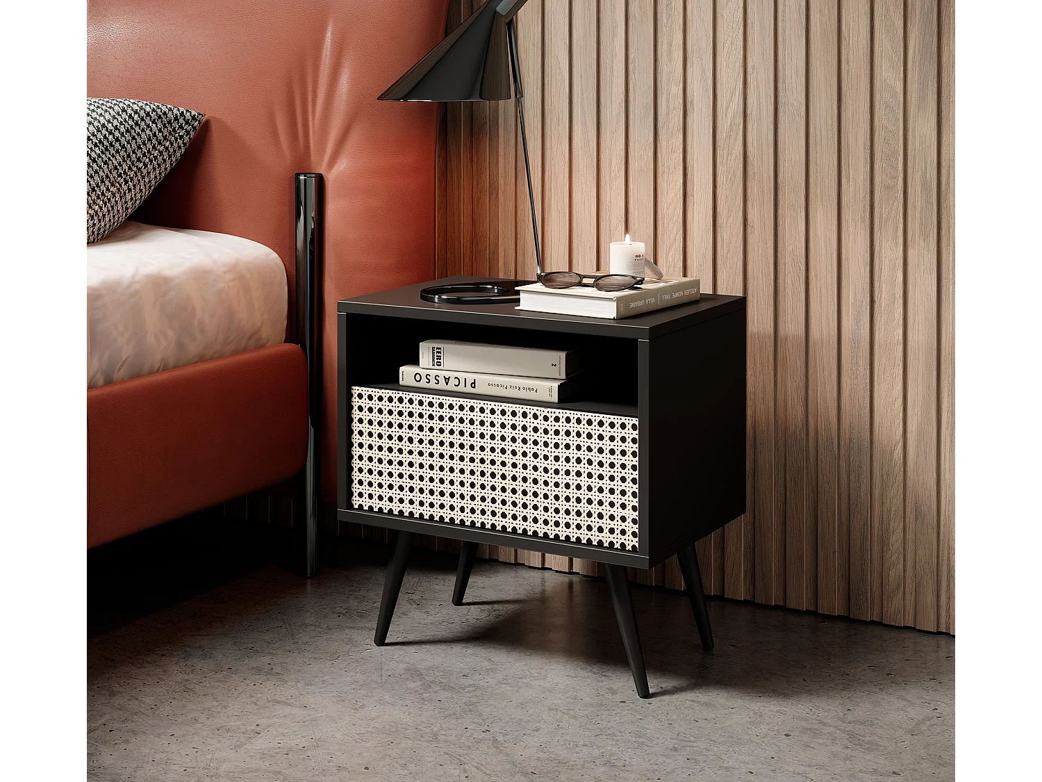 Comodino con cassetto Intreccio viennese su gambe nere - Bello